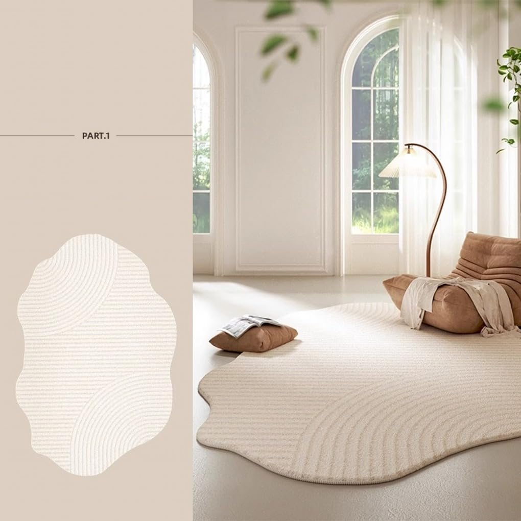 Minimalist Luxury Irregular Shaped Area Rug Cream White Curved Striped Texture Indoor Rugs 10x16 for Livingroom Bedroom Diningroom Nursery Dorm Guestroom Modern Neutral Washable Non Slip Soft Carpet - Image 2