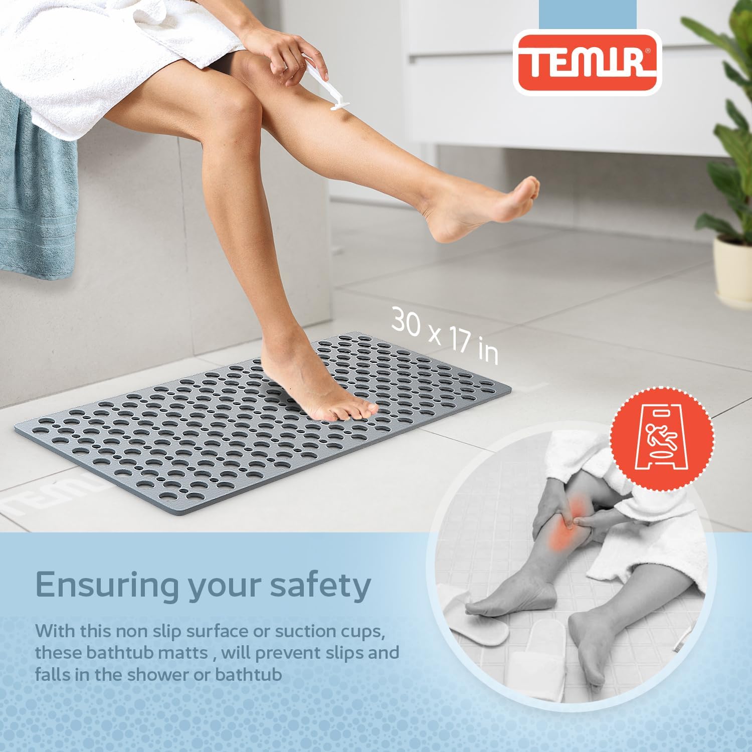 Non Slip Bathtub Mat for Shower — Anti Skid Safety Mat with Strong Suction Cups, Quick Drain Holes, Machine Washable, Soft Bathroom Mat for Elderly & Kids, 30x17 in (75x43 cm) Gray - Image 2