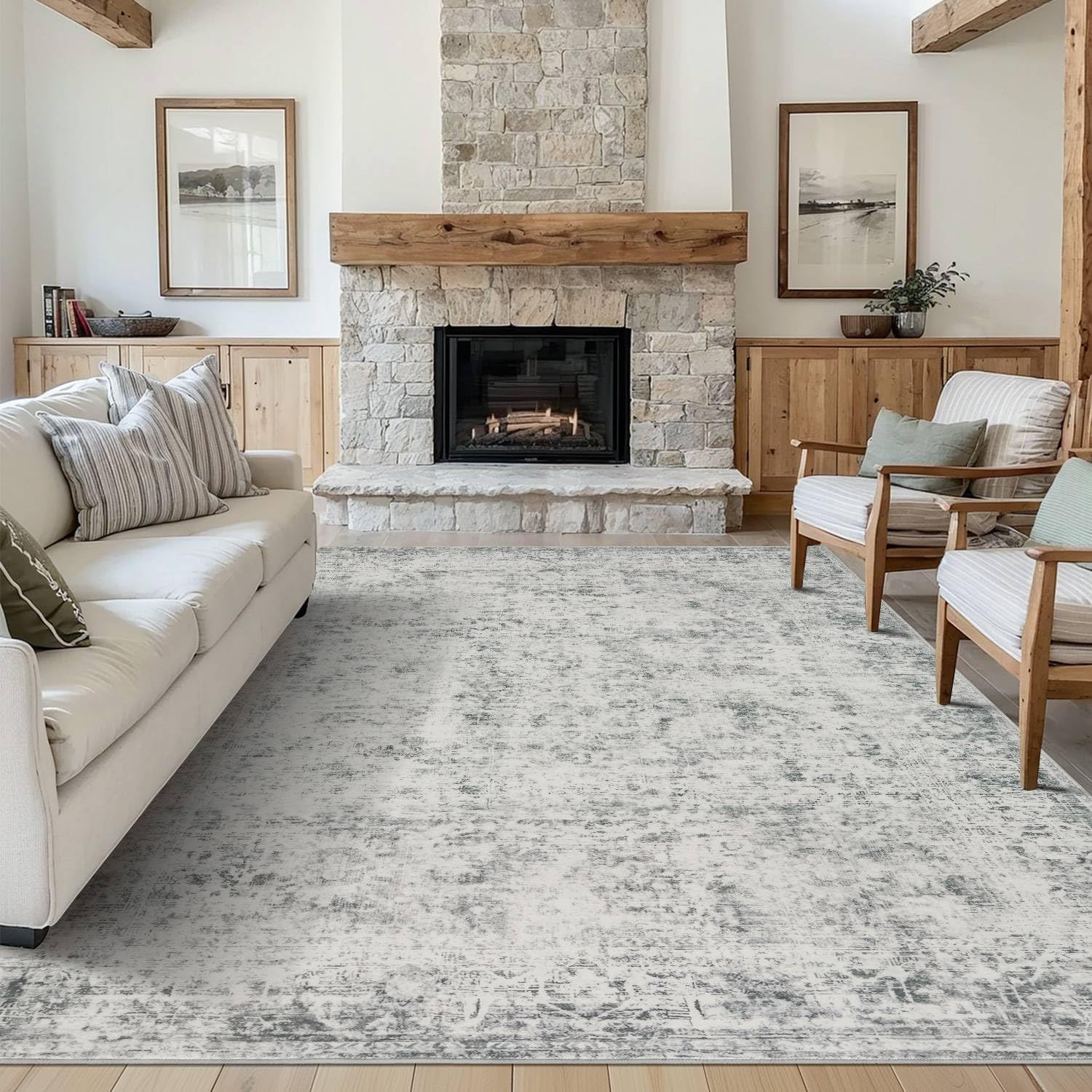 5x7 Area Rugs for Living Room Bedroom, Grey Washable Rug, Vintage Abstract Boho Rug, Non Slip & Low Pile Faux Wool Carpet for Indoor Dining Room and Farmhouse(Grey 5x7ft) - Image 2