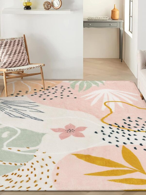 Pink Rug Machine Washable Area Rugs - 6x9 Non-Slip Large Living Room Rug Lightweight Throw Soft Carpet for Bedroom, Boho Botanical Print Ultra-Thin Indoor Rug for Classroom Nursery Dining Room