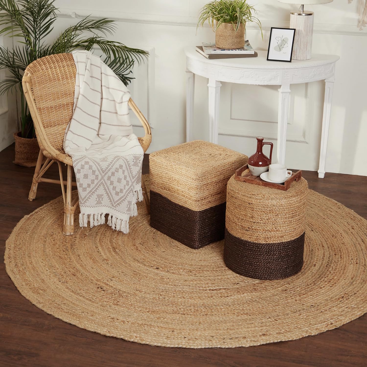 Round Area Rug - Hand Woven Braided 100% l Jute - Artisan Made Reversible Boho Jute Rugs for Bedroom - Kitchen - Living Room - Farmhouse - Aesthetic Home Decor (5' Feet - l)
