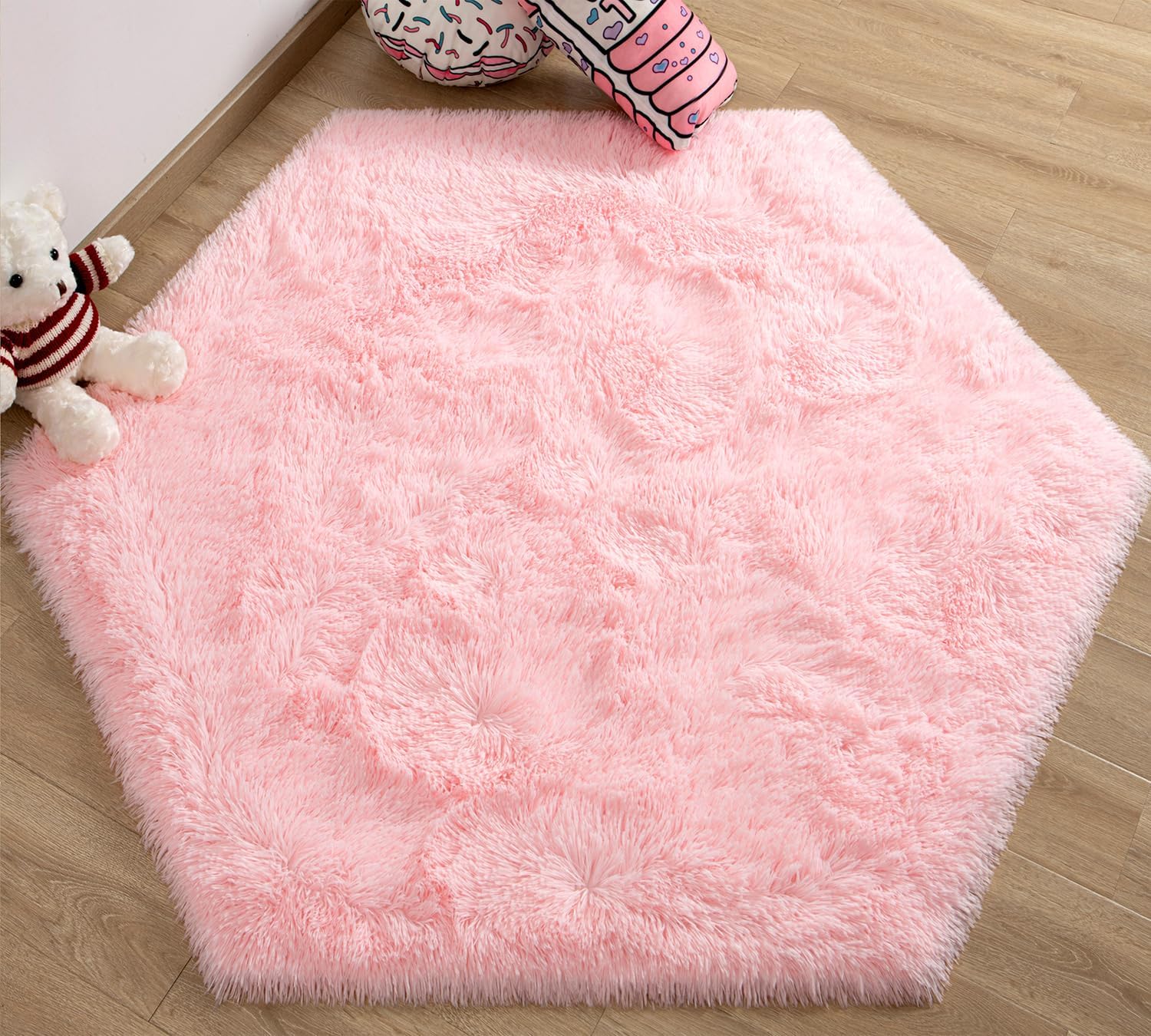 Pink Hexagon Rug for Princess Tent, Fluffy Area Rug for Kids Room, 4x4.6 Feet for Girls Tent, Furry Soft Nursery Rug, Fuzzy Plush Carpet for Teen Girls Bedroom