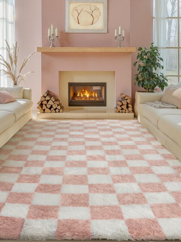 Checkered Rug 8x10 for Living Room, Pink and White Modern Shag Rug Washable Non-Slip Large Area Rug Super Soft Indoor Fuzzy Carpet Fluffy Rugs for Bedroom Home Aesthetic Decor