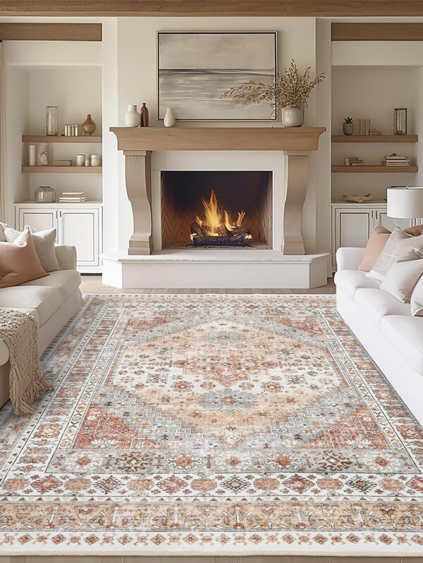 8x10 Area Rugs for Living Room,Non-Slip Backing Washable Rugs,Vintage Large Area Rug，Stain Resistant Home Decor Rug (Orange,8'x10')