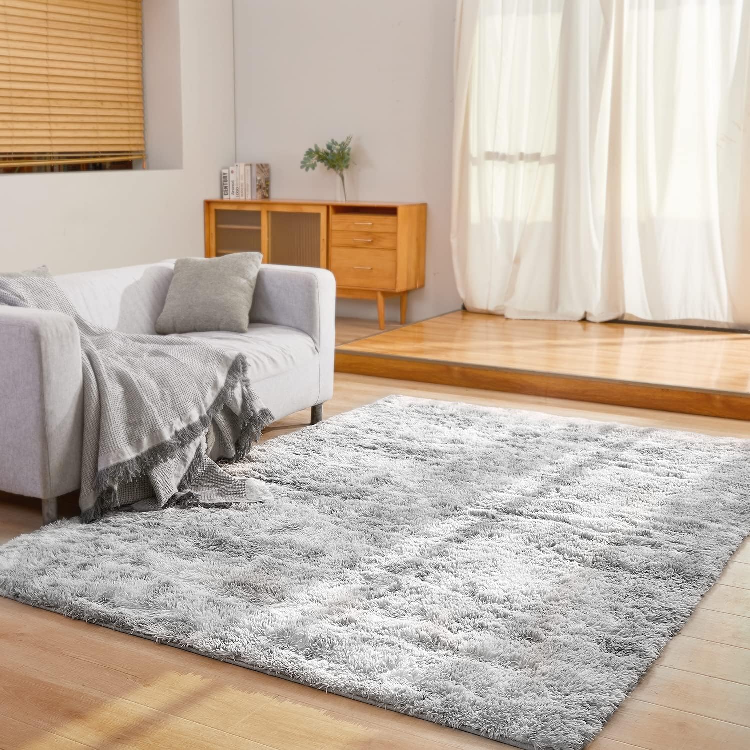 Soft Fluffy 5x7 Shag Area Rugs for Bedroom, Plush Fuzzy Shaggy Carpet Rugs for Living Room Classroom Nursery Home Decor, Tie-Dyed Light Grey Anti-Skid Rugs for Kids Girls Boys - Image 2