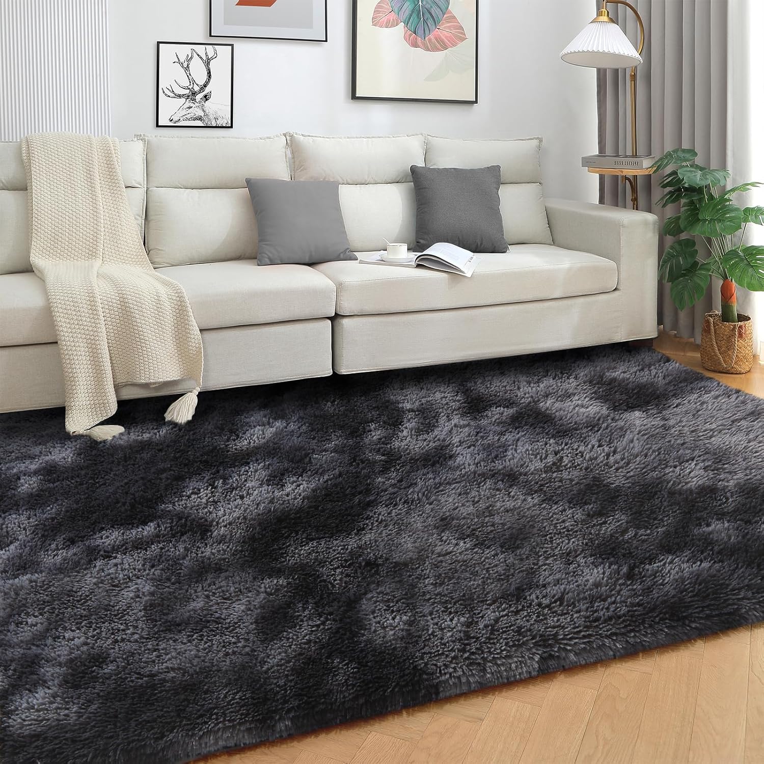 Area Rugs for Bedroom Living Room, 3x5 ft Tie-Dyed Shag Carpet, Fluffy Plush Soft Throw Rug for Kids Nursery Lounge Indoor, Washable Non-Slip Furry Floor Rug for Home Decor, Dark Grey - Image 2
