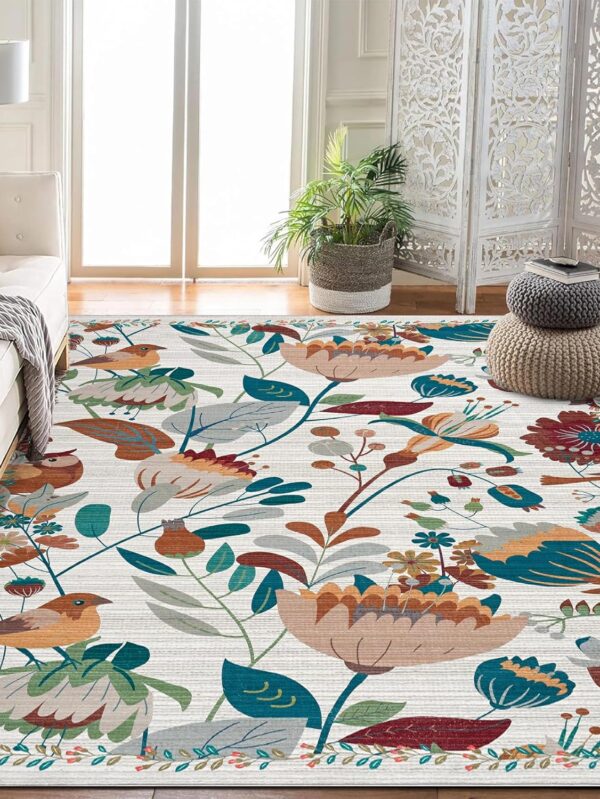 Bohemian Bird Area Rug Washable Floral Bedroom Low-Pile Soft Playroom Carpet, Jungle Pattern Vintage Indoor Floor Rug for Living Room and Nursery 10'x13' Beige