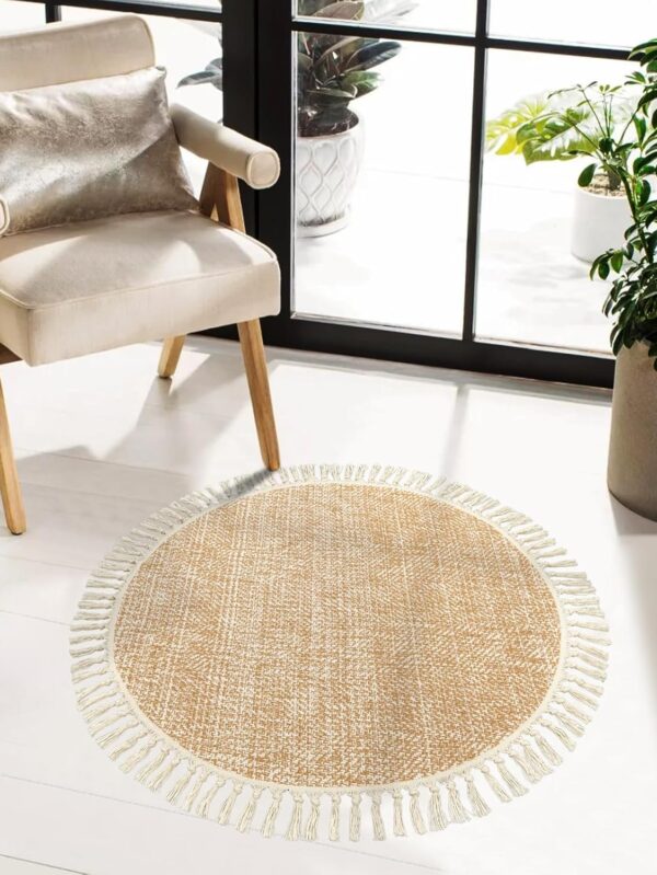 Hand Woven Round Area Rug Soft Cotton Machine Washable Carpet 3ft Farmhouse Rugs with Tassels, Tan/Cream Circle Rugs for Bedroom Living Room Dining Room Table Office