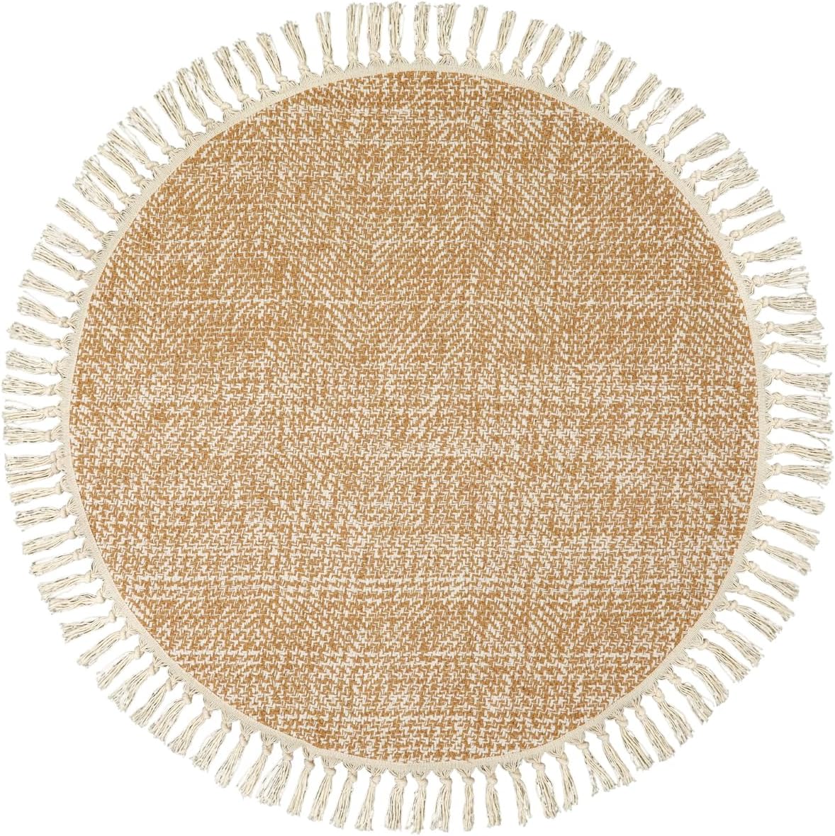 Hand Woven Round Area Rug Soft Cotton Machine Washable Carpet 3ft Farmhouse Rugs with Tassels, Tan/Cream Circle Rugs for Bedroom Living Room Dining Room Table Office - Image 2