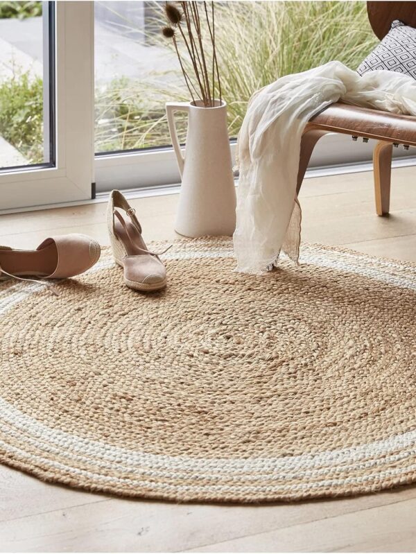 100% Jute Area Rug Approx 4 Feet - Braided Design Hand Woven l White Rings Carpet - Home Decor for Living Room Hallways - Round s