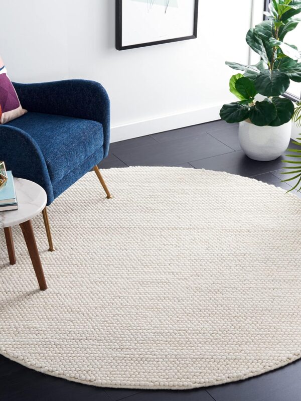 Area Rug - 4' Round, Ivory, Handmade Wool, Ideal for High Traffic Areas in Living Room, Bedroom