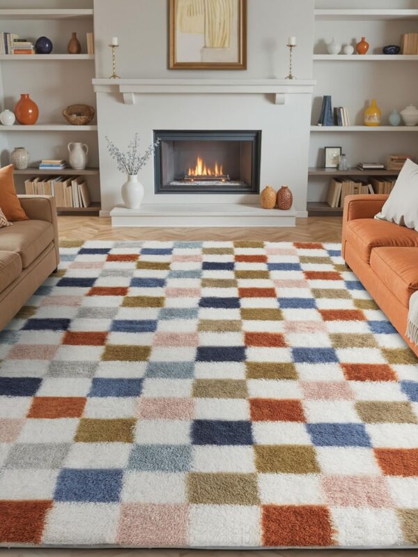Checkered Rug 6x9 for Living Room, Modern Rainbown Shag Rug Washable Non-Slip Large Area Rug Super Soft Indoor Fuzzy Carpet Fluffy Rugs for Bedroom Home Aesthetic Decor