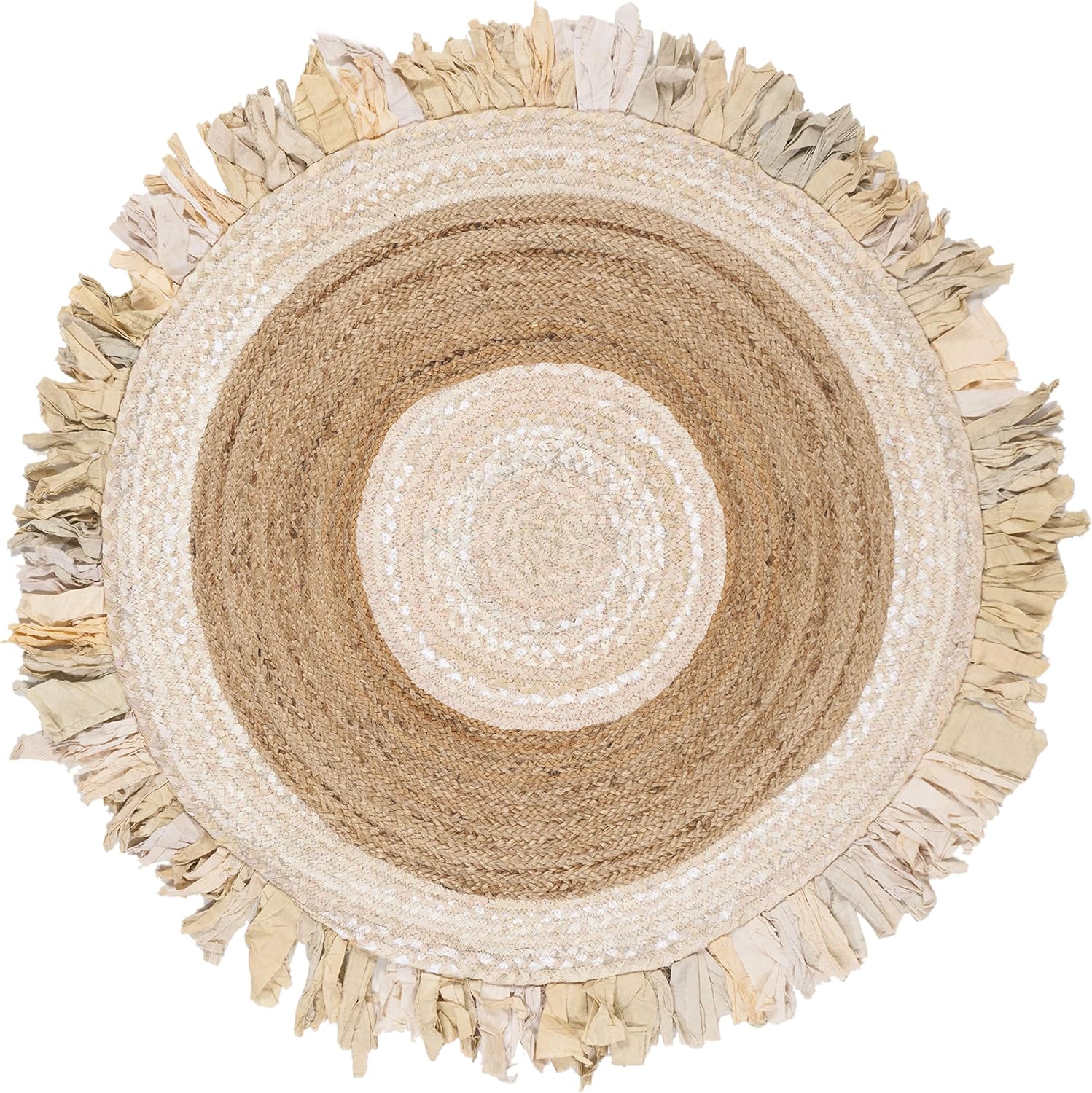 Area Rug - 4' Round, Beige & l, Handmade Boho Fringe Jute & Cotton, Ideal for High Traffic Areas in Living Room, Bedroom - Image 2