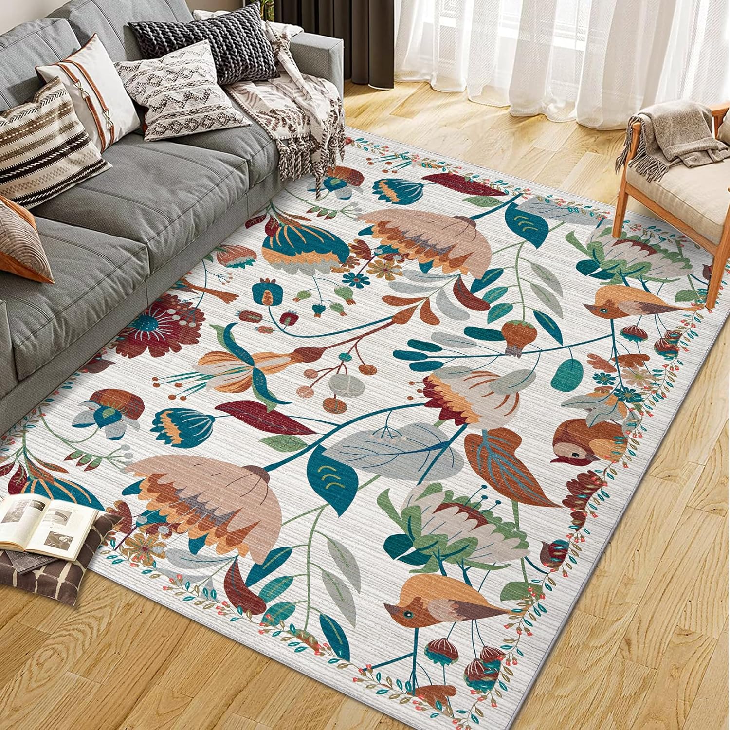 Bohemian Bird Area Rug Washable Floral Bedroom Low-Pile Soft Playroom Carpet, Jungle Pattern Vintage Indoor Floor Rug for Living Room and Nursery 10'x13' Beige - Image 2