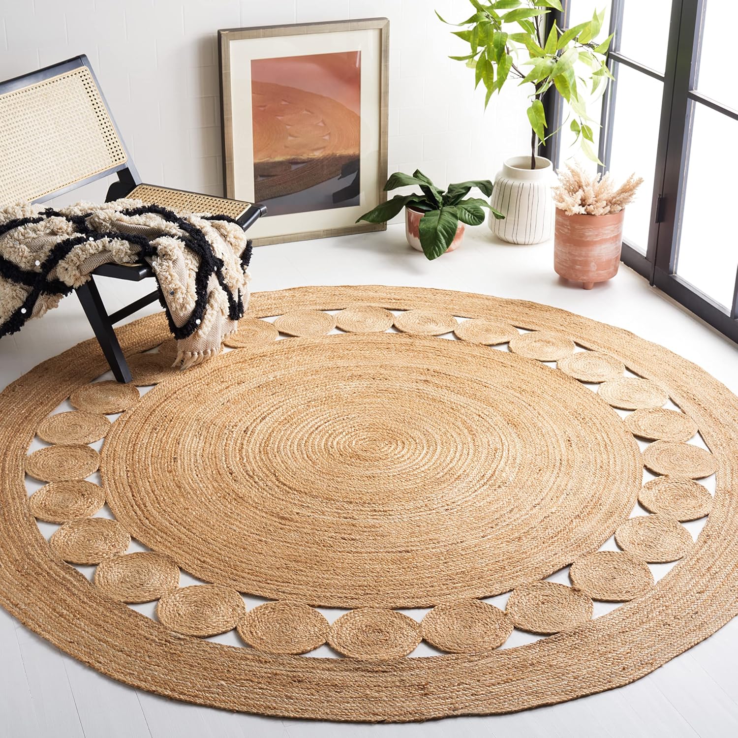Area Rug - 3' Round, l, Handmade Boho Charm Farmhouse Jute, Ideal for High Traffic Areas in Living Room, Bedroom