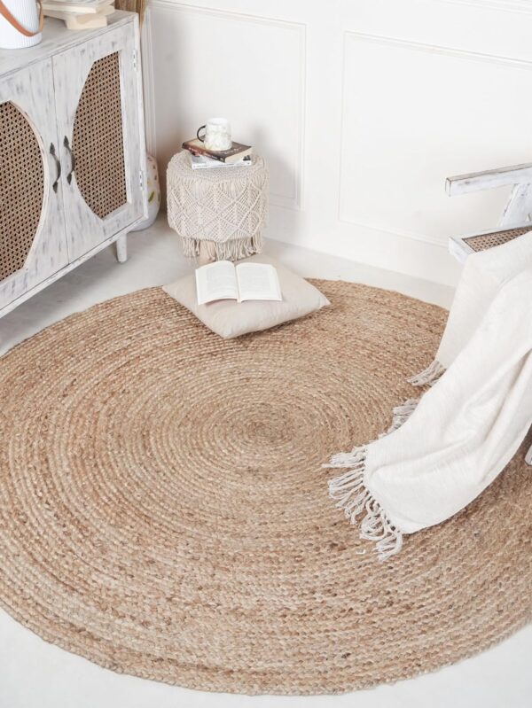 Hand Woven Jute Round Rug 3 ft - l Reversible Farmhouse Circle Rugs for Bedroom, Kitchen, Living Room
