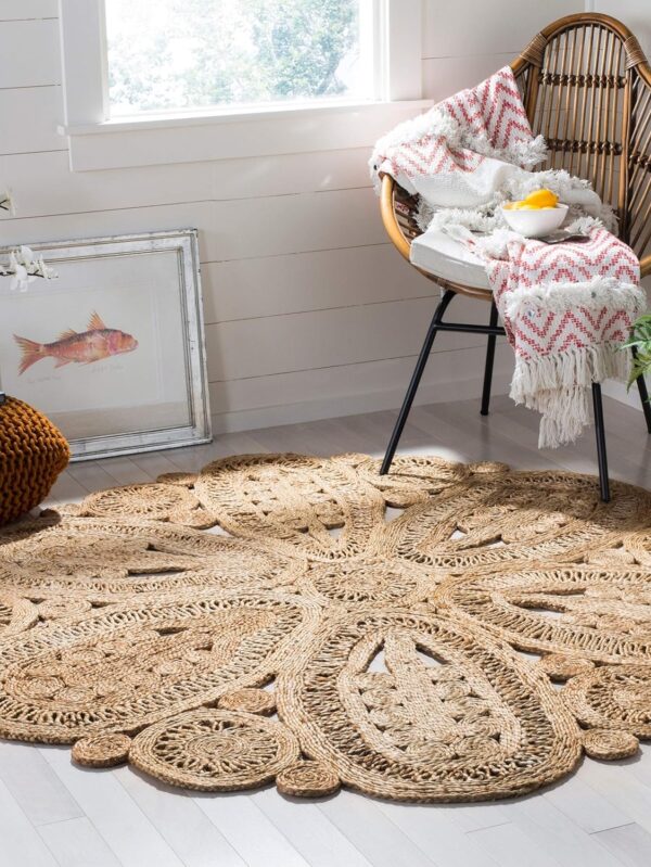 Area Rug - 5' Round, l, Handmade Boho Charm Farmhouse Jute, Ideal for High Traffic Areas in Living Room, Bedroom