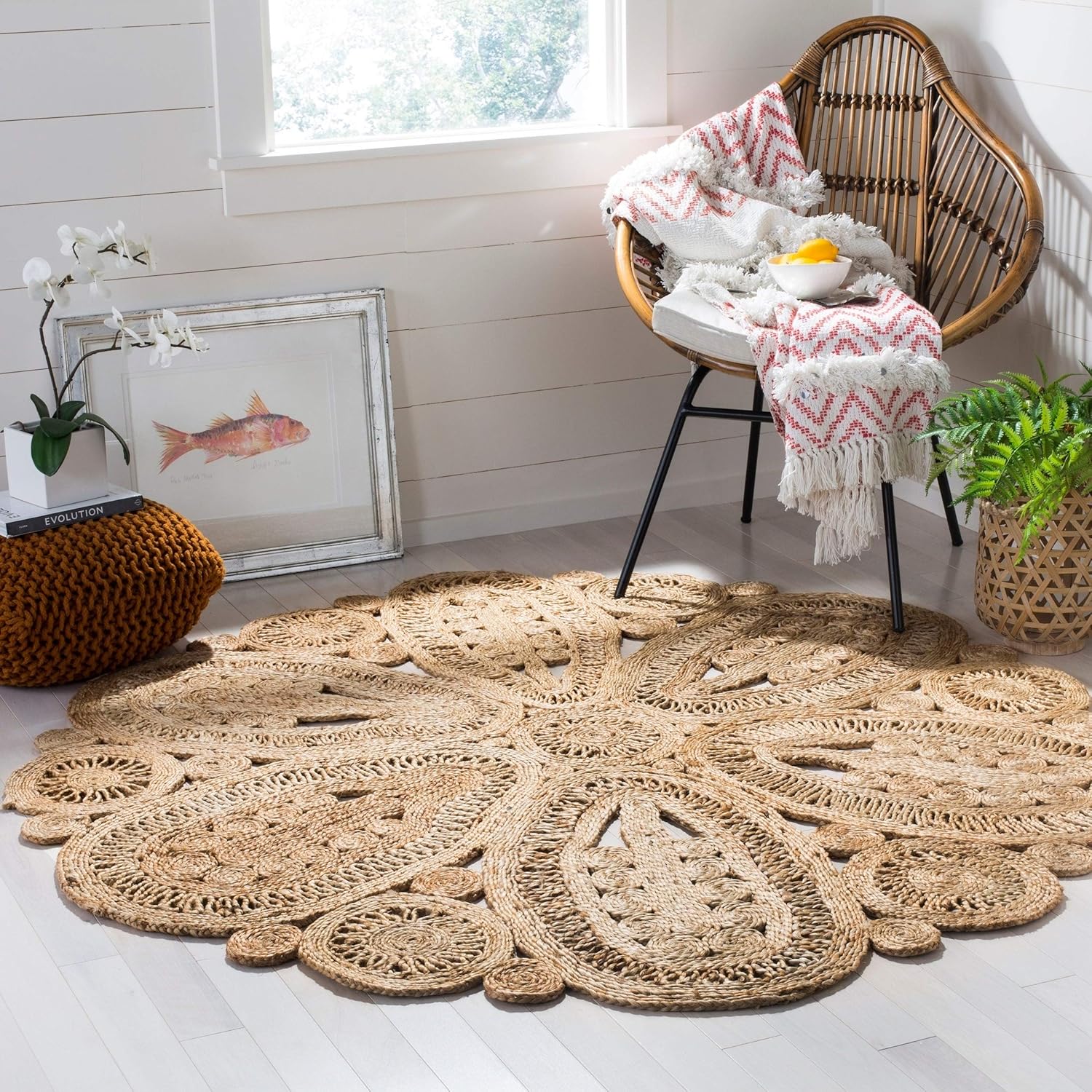 Area Rug - 5' Round, l, Handmade Boho Charm Farmhouse Jute, Ideal for High Traffic Areas in Living Room, Bedroom