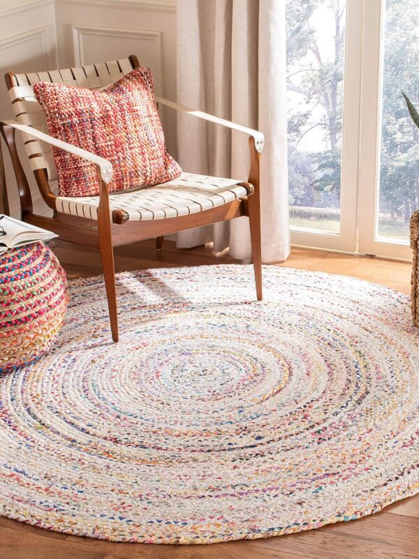 Braided  Area Rug - 4' Round, Ivory & Multi, Handmade Boho Reversible Cotton, Ideal for High Traffic Areas in Living Room, Bedroom