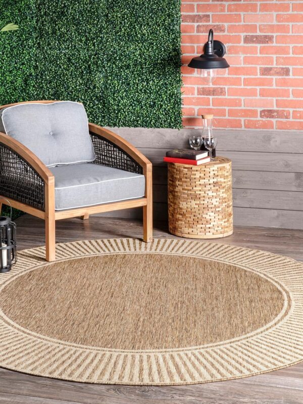 6'7" Round Outdoor Area Rug, Casual Design With Striped Border, Stain Resistant, Highly Durable, For Patio, Balcony, Bedroom, Living Room, Dining Room, Bathroom, Light Brown