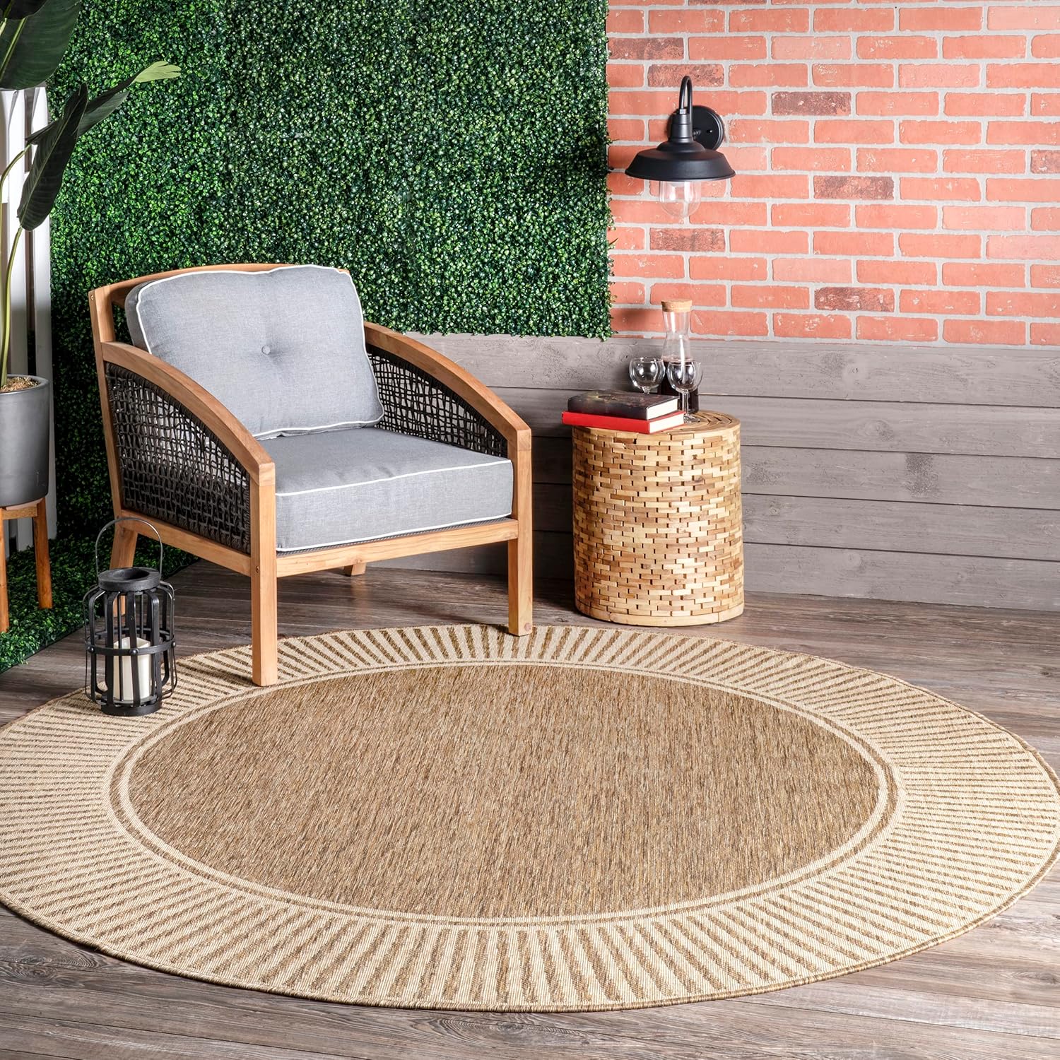 6'7" Round Outdoor Area Rug, Casual Design With Striped Border, Stain Resistant, Highly Durable, For Patio, Balcony, Bedroom, Living Room, Dining Room, Bathroom, Light Brown