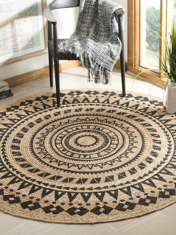 Area Rug - 3' Round, Black & l, Handmade Boho Mandala Braided Jute, Ideal for High Traffic Areas in Living Room, Bedroom