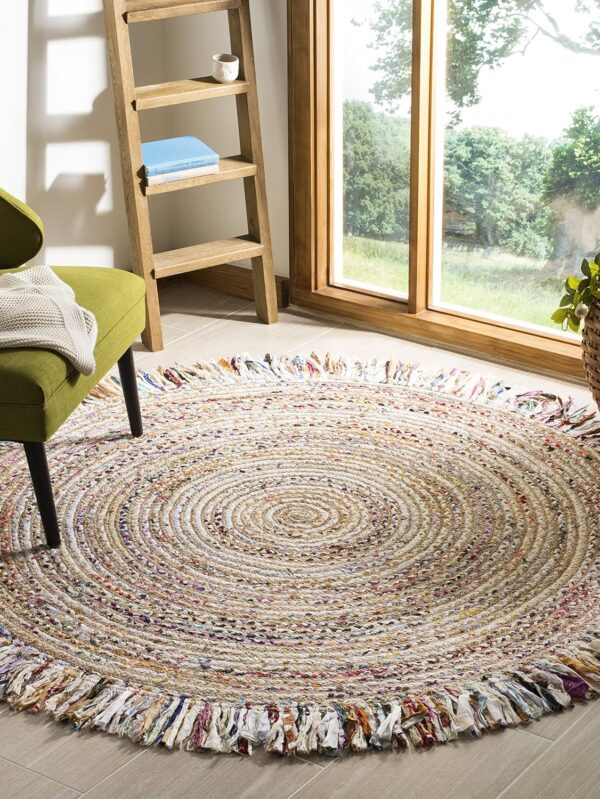Area Rug - 4' Round, Ivory & Light Beige, Handmade Boho Fringe Jute & Cotton, Ideal for High Traffic Areas in Living Room, Bedroom