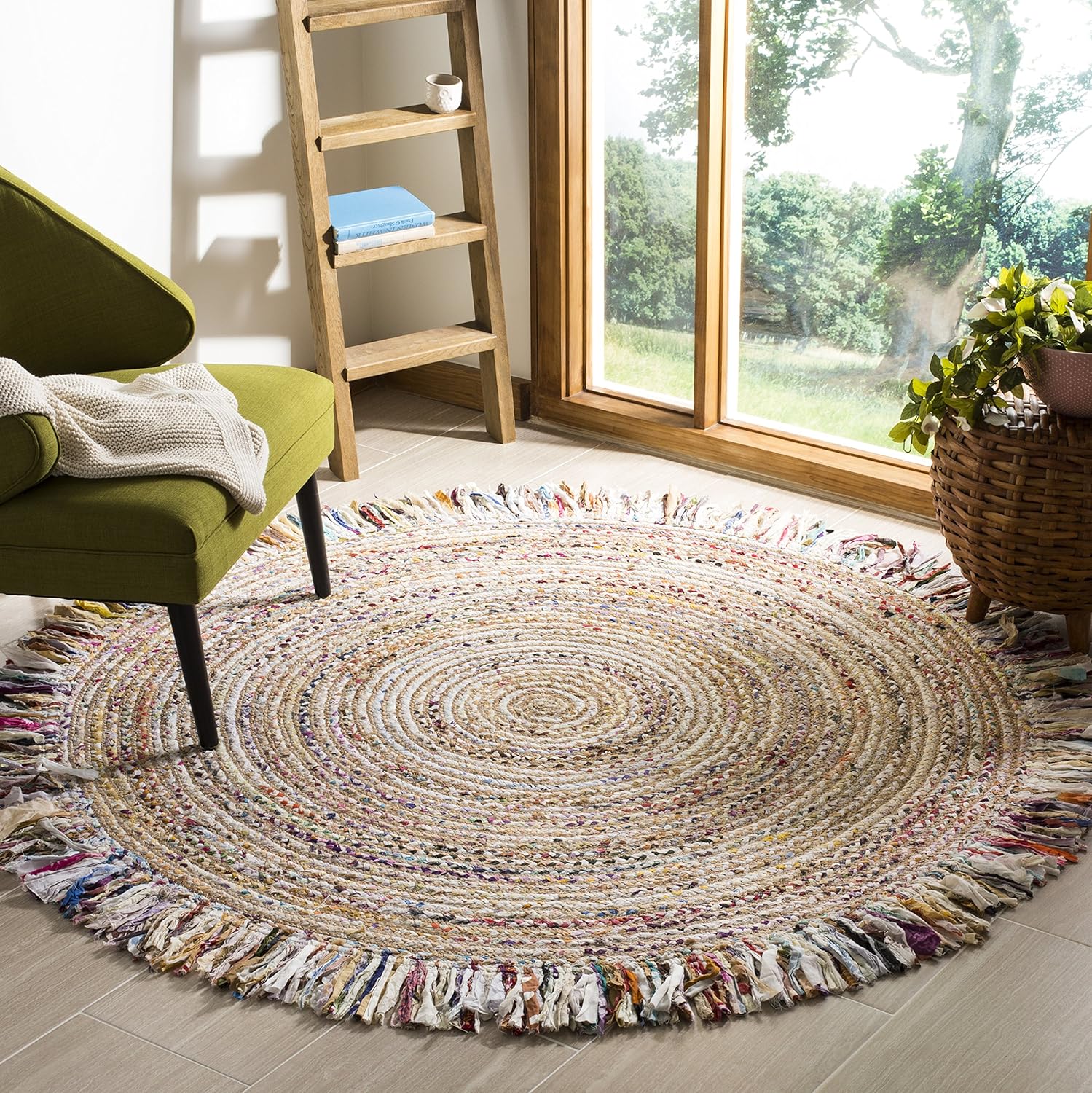 Area Rug - 4' Round, Ivory & Light Beige, Handmade Boho Fringe Jute & Cotton, Ideal for High Traffic Areas in Living Room, Bedroom