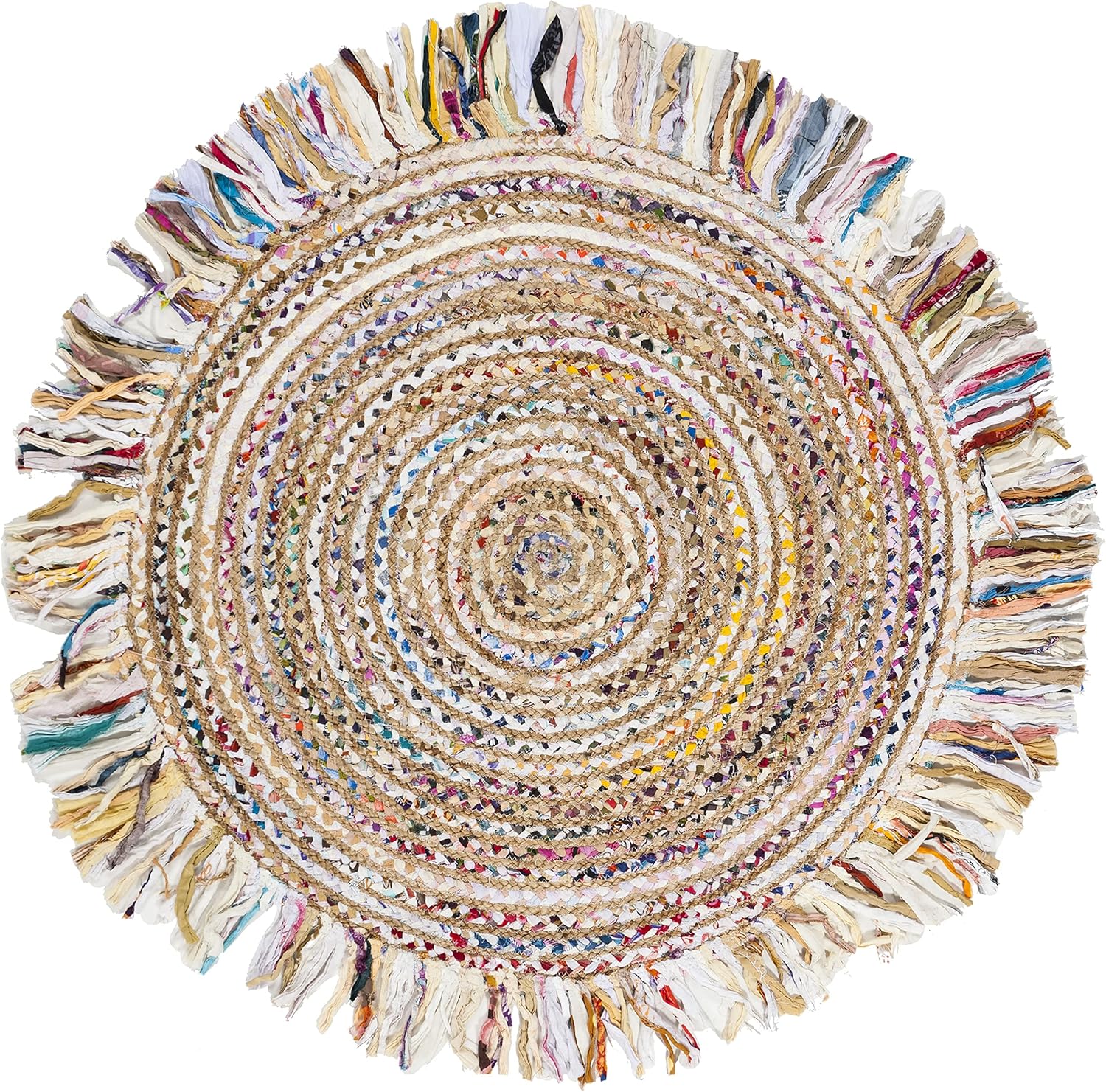 Area Rug - 4' Round, Ivory & Light Beige, Handmade Boho Fringe Jute & Cotton, Ideal for High Traffic Areas in Living Room, Bedroom - Image 2