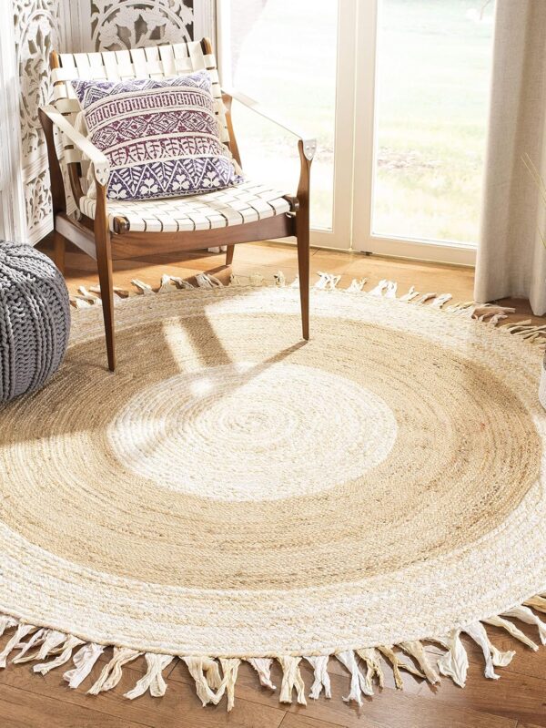 Area Rug - 4' Round, Beige & l, Handmade Boho Fringe Jute & Cotton, Ideal for High Traffic Areas in Living Room, Bedroom