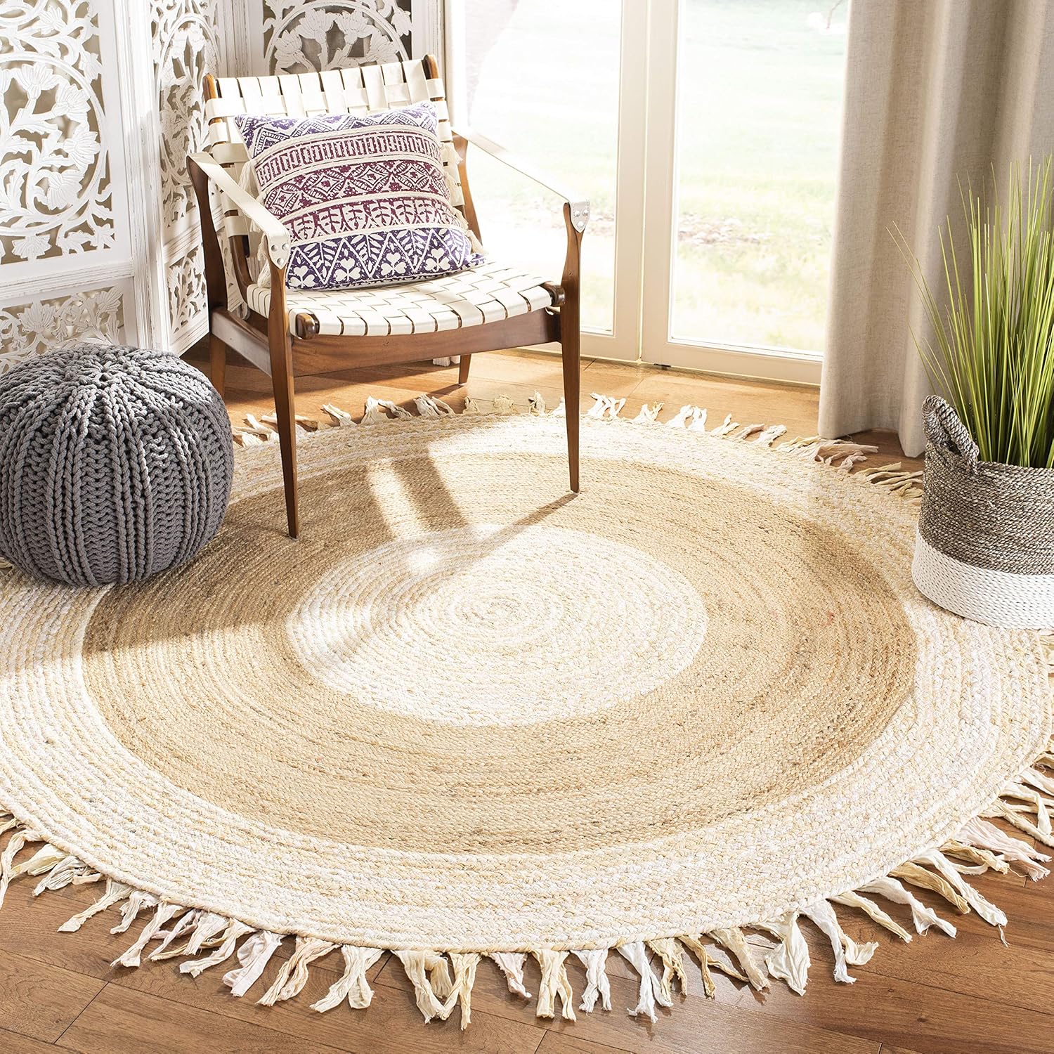 Area Rug - 4' Round, Beige & l, Handmade Boho Fringe Jute & Cotton, Ideal for High Traffic Areas in Living Room, Bedroom