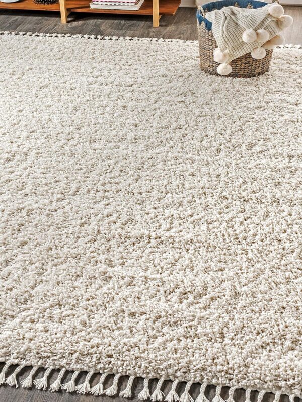 Shag Plush Tassel Indoor Area-Rug Bohemian Modern Contemporary Solid Easy-Cleaning Bedroom Kitchen Living Room, 8 X 10, Cream with Tassel