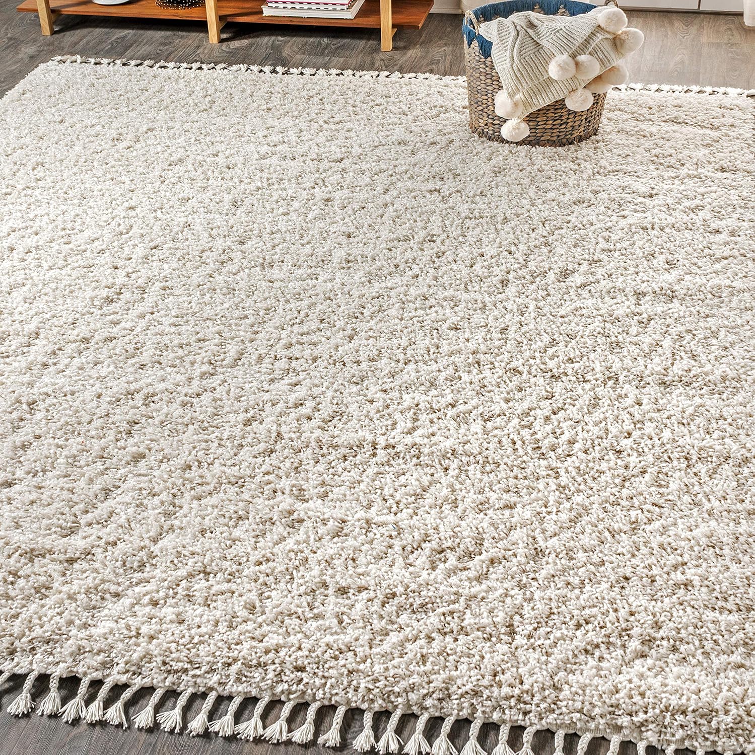 Shag Plush Tassel Indoor Area-Rug Bohemian Modern Contemporary Solid Easy-Cleaning Bedroom Kitchen Living Room, 8 X 10, Cream with Tassel