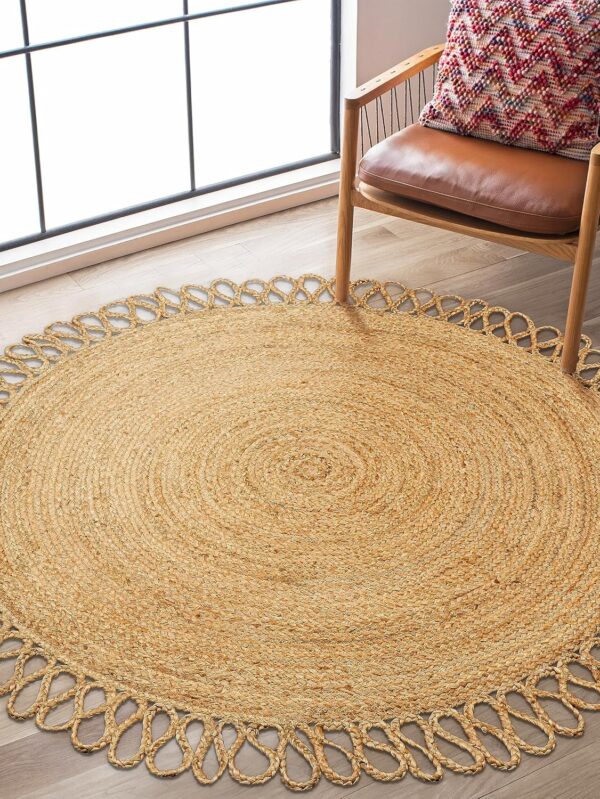 Hand Woven Braided Jute Rug - 4' Round - Reversible Farmhouse Dining Room Rug, Living Room, Bedroom, Kitchen - l Decorative Floor Circle Boho Entry Area Rugs - 4 Foot Round Rug