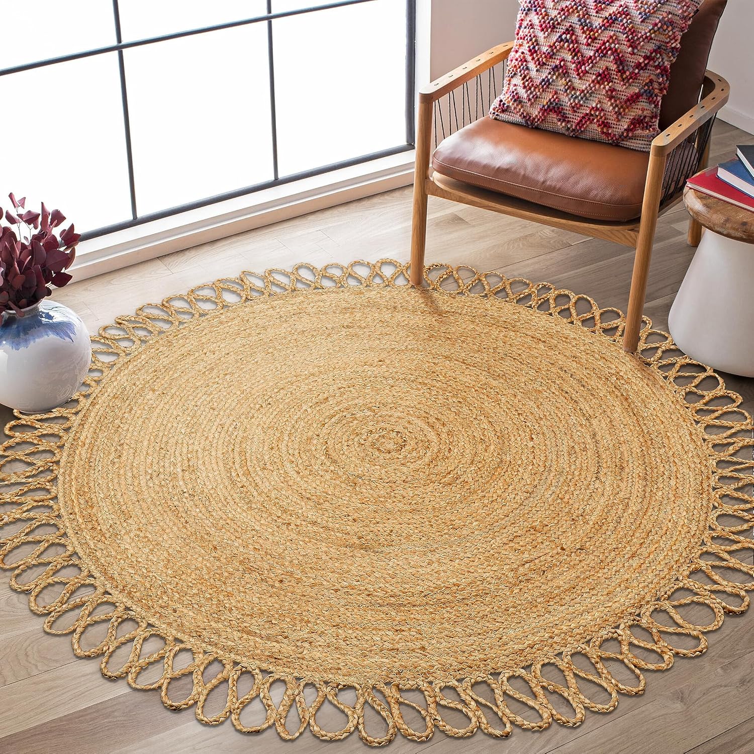 Hand Woven Braided Jute Rug - 4' Round - Reversible Farmhouse Dining Room Rug, Living Room, Bedroom, Kitchen - l Decorative Floor Circle Boho Entry Area Rugs - 4 Foot Round Rug