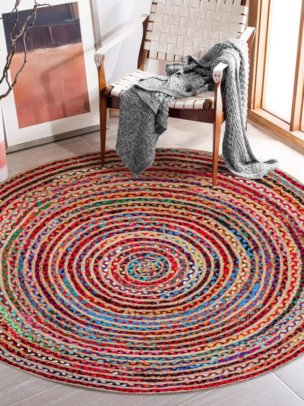 4' Round Handwoven Jute  Area Rug - Colorful Boho Rugs for Living Room - Hand Braided Multicolor Bohemian Rug for Farmhouse, Bedroom, Dining Room, Classroom, Hallway, Kitchen, Office