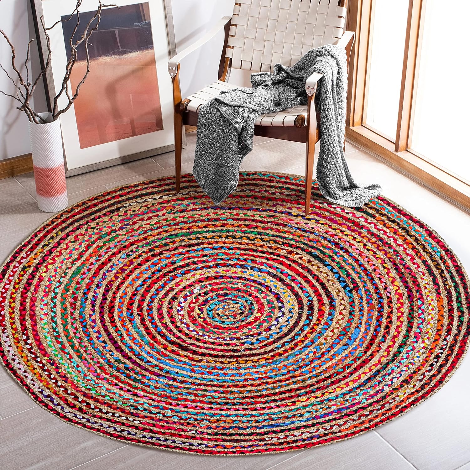 4' Round Handwoven Jute Area Rug - Colorful Boho Rugs for Living Room - Hand Braided Multicolor Bohemian Rug for Farmhouse, Bedroom, Dining Room, Classroom, Hallway, Kitchen, Office