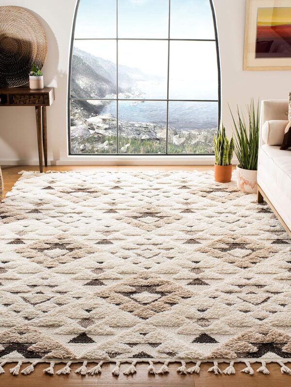 Tassel Shag Collection Area Rug - 8' Square, Ivory & Brown, Non-Shedding & Easy to Clean, Plush High-Low Texture, Ideal for Living Room, Bedroom, Dining Space (MTS688A)