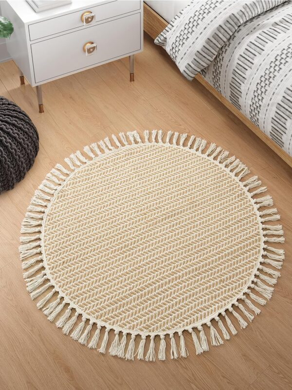 Boho Round Rug 3ft, Small Circle Rugs for Entryway Kitchen Cotton Washable Indoor Door Bath Mat with Tassels, Farmhouse Round Area Rug Non Shedding Circle Carpet for Bedroom Entry, Khaki
