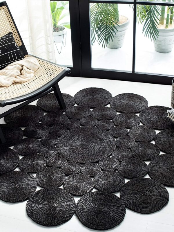 Area Rug - 4' Round, Black, Handmade Farmhouse Rustic Country Jute, Ideal for High Traffic Areas in Living Room, Bedroom